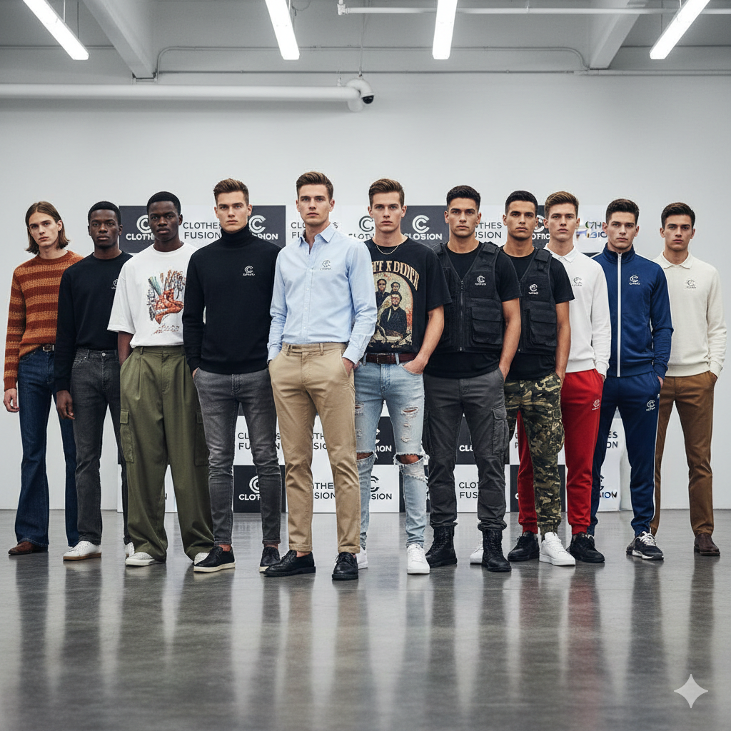 Different types of men pants including formal trousers, chinos, cargo pants, and joggers displayed in a modern fashion showroom