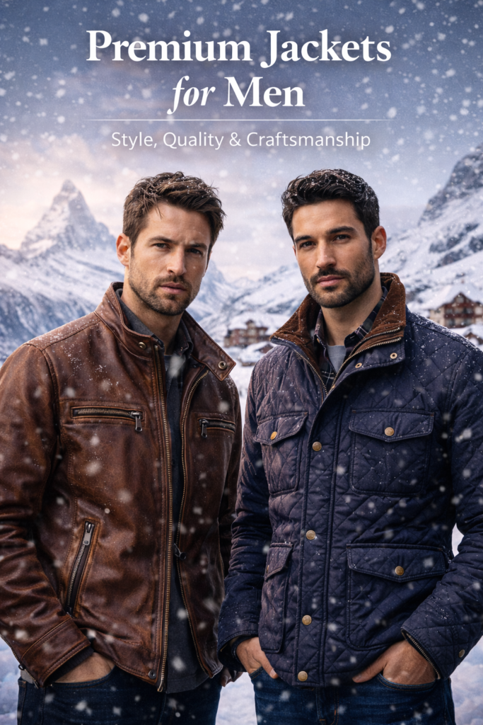 Premium jacket for men worn by models in a snowy Switzerland landscape, showcasing high-quality leather and winter-ready design.