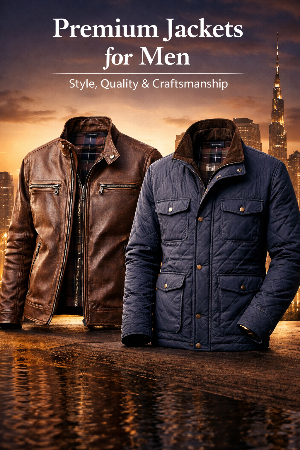 Premium jacket for men displayed against a luxury Dubai skyline at sunset, featuring a brown leather jacket and a navy quilted jacket with premium craftsmanship.